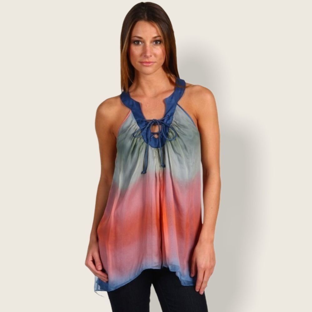 CATHERINE MALANDRINO Silk Lace Up Ombre Top